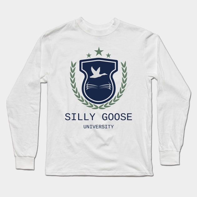 Silly Goose University - Flying Goose Blue Emblem With Green Details Long Sleeve T-Shirt by Double E Design